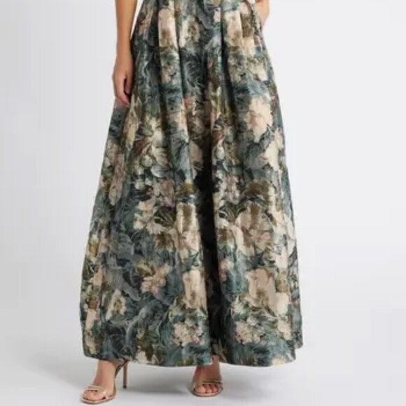 Tahari Sage Green Multi Floral Crushed Taffeta Strapless Ball Gown - Picture 2 of 6